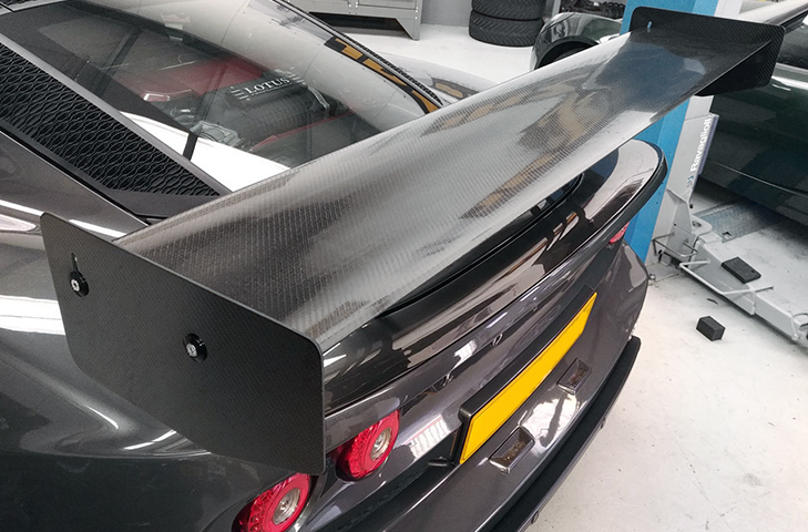 Lotus Exige S3 V6 Low-Drag Carbon Rear Wing Kit - 310mm Chord (Swept Mounts) Tailgate mounted - R01SB0583