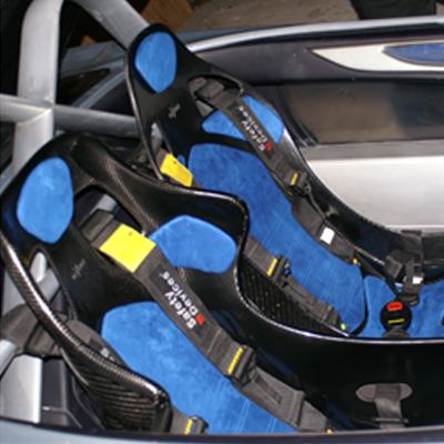 Mulsanne XC drivers side (UK), Mulsanne C passenger side, both with Reverie Blue Alcantara seat cushion trim sets (340R)